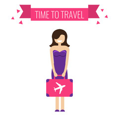 Travel girl with suitcase. Ready to go concept. Vector illustration in flat style.