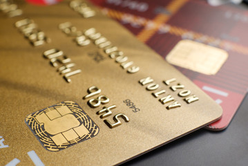 Plastic payment cards with chip close up