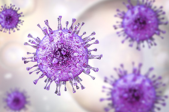 Cytomegalovirus CMV, a DNA virus from Herpesviridae family on a background with giant cells. 3D illustration. CMV mostly causes diseases in newborns and immunocompromised patients