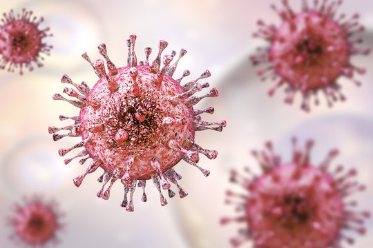 Cytomegalovirus CMV, a DNA virus from Herpesviridae family on a background with giant cells. 3D illustration. CMV mostly causes diseases in newborns and immunocompromised patients