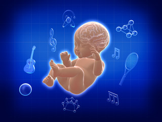 Baby smiling with the learning symbol around body .3D rendering.