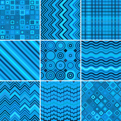Set with 9 blue abstract seamless geometric pattern, vector illustration