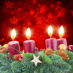 Evergreen fir tree advent garland with burning candles on red background