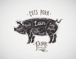 Graphic silhouette of a pig with the line of cutting for the butcher.
