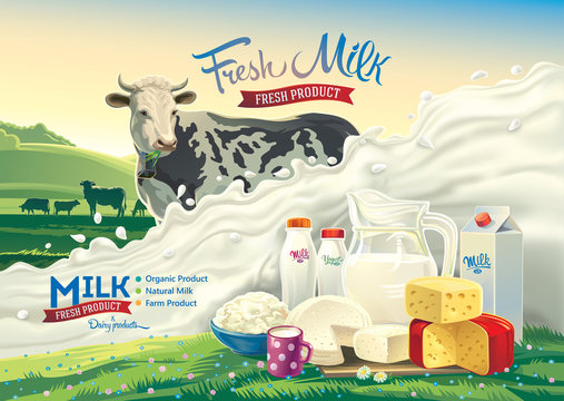 Vector illustration with a cow, a splash of milk and a set of dairy products: cheese, milk, yogurt, against the background of a rural landscape.
