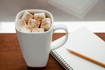 Coffee with marshmallows and a notebook on the window.