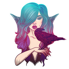 Vampire Girl and crows. Line Art. Luxury girl in pin-up style. Hand drawn illustration. Cartoon style.