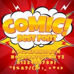 Creative high detail comic font. Alphabet in the style of comics, pop art. Letters and figures for decoration of kids