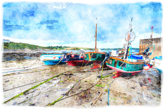 Fishing Boats on the Beach in Cornwall Painting