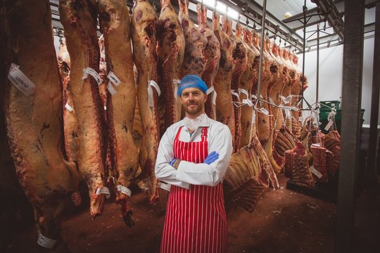 Portrait of butcher standing with arms crossed in meat storage r