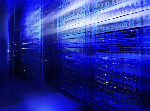 Mainframe stack in server room blue blur coat binary code