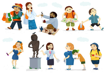 Vector set of comic cartoon tourists. Illustrations of activities, behaviors and recreation on trip. Different types of voyagers, guide, also burglar, street dealers. Funny characters of people.