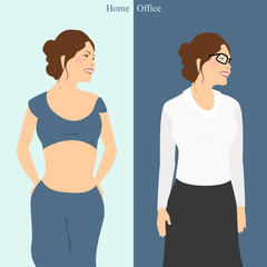 Girl home. A girl at work in the office. Vector