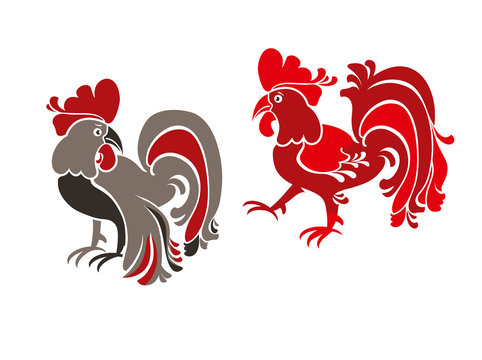 Two cartoon rooster image isolated on white background. Rooster vector.