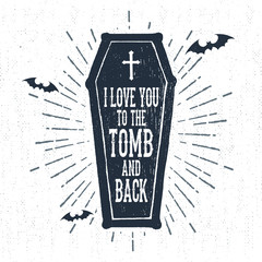 Fototapeta premium Hand drawn Halloween label with textured coffin vector illustration and 