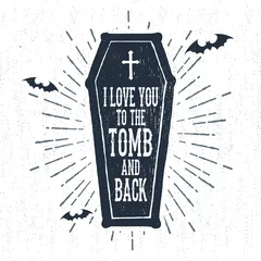 Poster Im Rahmen Handgezeichnetes Halloween-Etikett mit strukturierter Sargvektorillustration und &quot Ich liebe dich zum Grab und zurück&quot  Schriftzug. © SlothAstronaut