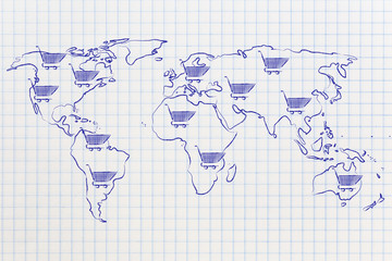 map of the world with shopping cart all over, global marketing