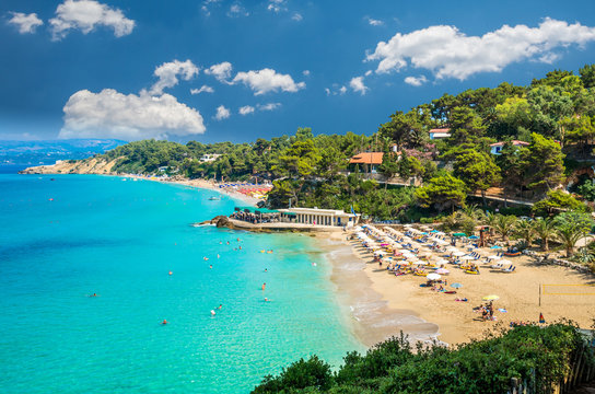 Platis Gialos and Makris Gialos Beach, Kefalonia island, Greece. Spectacular view over the beaches of Platis Gialos and Makris Gialos near Lassi, Argostoli.