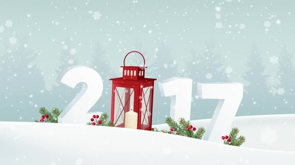 Happy new year 2017. White winter landscape with forest, numbers, falling snow. Christmas decoration with fir branches, red lantern and berries. HD animation. - Powered by Adobe
