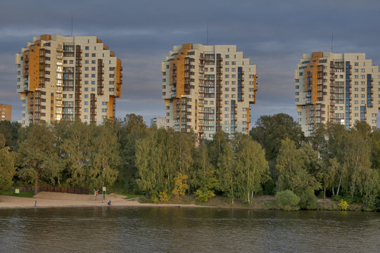  modern building in Strogino region on bank of Moskva-river