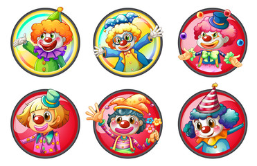Clown characters on round badges