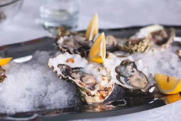 Beautifully decorated catering banquet table with oysters, mussels and seafood with ice and lemon on corporate christmas birthday party event or wedding celebration
