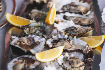 Beautifully decorated catering banquet table with oysters, mussels and seafood with ice and lemon on corporate christmas birthday party event or wedding celebration
