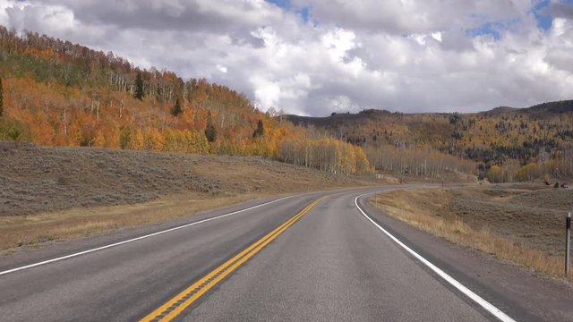 Beautiful mountain drive autumn trees POV. Beautiful season Autumn fall colors in Aspen Pine forest. Skyline Drive Manti La Sal Forest central Utah. Golden yellow, red and orange. Exploring.