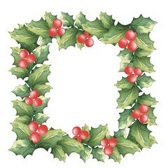 Square frame of Christmas mistletoe. Festive background. Handmade drawing. Isolated on white.