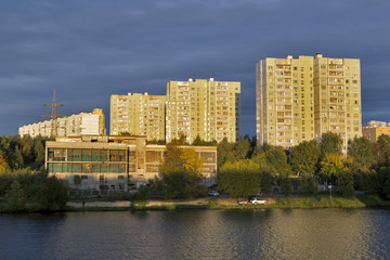Fototapeta na wymiar modern building in Strogino region on bank of Moskva-river