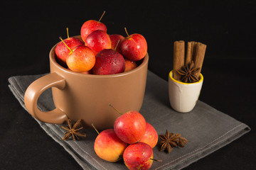 Mini apples in cup with spices on black background