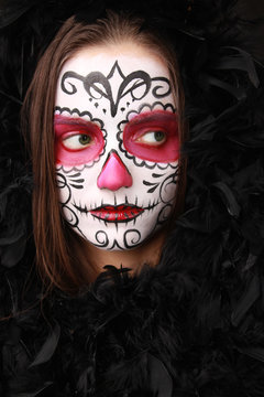 An image for a girl on Halloween: a sugar skull in pink and black feathers