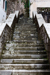 straight stone staircase partly covered with black moss