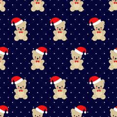 Xmas Teddy Bear with Santa hat seamless pattern on dark blue polka dots background. Cute vector with baby bear. Design for print on baby's clothes, textile, wallpaper, fabric.