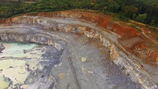 Camera flight over a open cast mine. Industrial landscape. Heavy industry from above.