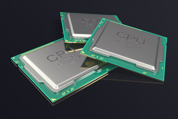 3d illustration CPU chip, central processor unit on black background.