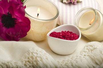 Fototapeta na wymiar Spa still life with aromatic candles,orchid flower and towel
