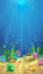 Underwater landscape. The ocean and the undersea world with different inhabitan, Mobile format vector marine life illustration
