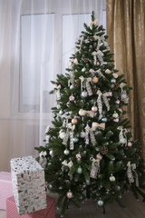 Shiny Christmas balls hanging on pine branches