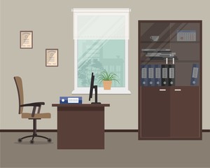Workplace of office worker. Vector flat illustration. There is an office furniture in brown color: a table, case for documents, a chair and other objects in the picture
