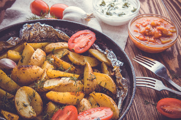 Roasted potatoes with herbs and tomatoes