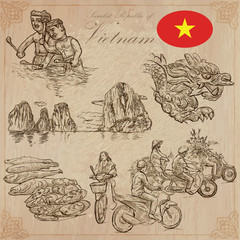 Fototapeta na wymiar Vietnam. Pictures of Life. Vector pack. Hand drawings.