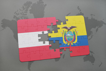 puzzle with the national flag of austria and ecuador on a world map background.