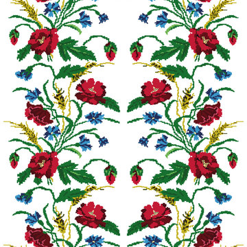 Seamless pattern.Wallpapers or textile.Color  bouquet of flowers (poppies,ears of wheat and cornflowers) using traditional Ukrainian embroidery elements.  Can be used as pixel-art.