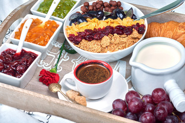 French breakfast on a tray. Breakfast to bed