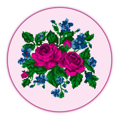  Color bouquet of flowers (roses and cornflowers)on the pink background using traditional Ukrainian embroidery elements. Can be used as pixel-art, card, emblem, icon.