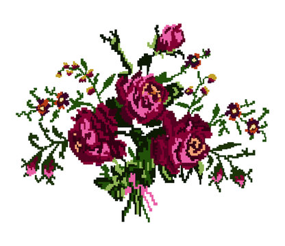 Color bouquet of flowers (roses and cornflowers) in violet and green tones using traditional Ukrainian embroidery elements.  Can be used as pixel-art, card, emblem, icon.