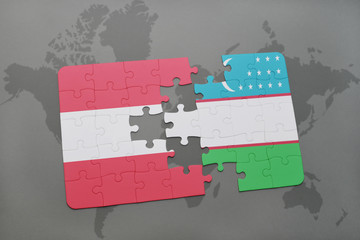 puzzle with the national flag of austria and uzbekistan on a world map background.