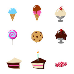 Ice cream cones, cookies, candy, lollipop, and cake icons