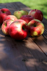 Ripe red apples on the bench in the garden